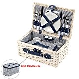 Picknickkorb mit Kühltasche, blau-weiß gestreift, Picknick-Set für 2 Personen, 17 Teile