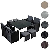 Poly-Rattan Garten-Garnitur Kreta, Lounge-Set Sitzgruppe ~ 4 Stühle schwarz, Kissen grau