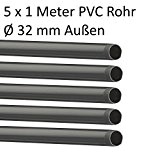 PVC Rohr 32 sowie Rohrverbinder Winkel Kniestück Muffen T-Stück Kappen (5 x 1m Rohr Ø32mm)