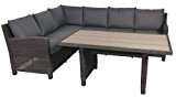 Rattan Lounge Garnitur Eckbank taupe-farben mit Tisch, graue Polywood Platte