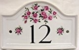 Rosalie Pink Roses Hausnummernschild aus Keramik, Motiv: Rosen, handverziert, alle Zahlen erhältlich