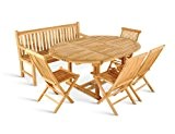 SAM® Teak Holz Gartengruppe, Gartenmöbel 6tlg., Sitzgruppe bestehend aus 1 x Auszugstisch Borneo + 4 Klappstuhl Menorca + 3er Sitzbank ...