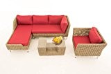 Sofa-Garnitur CP055, Lounge-Set Gartengarnitur, Poly-Rattan ~ Kissen rubinrot, natur