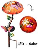 Solar Leuchte Pilz " Blume mit Schmetterling " - orange / gelb - mit LED Licht - handbemaltes Glas - ...