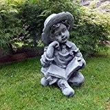 Steinfigur Junge mit Buch Kind Skulptur Gartenfigur Steinguss Garten Frostfrei Farbe: grau / Patiniert