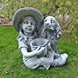 Steinfigur Mädchen mit Hund Kind mit PFLANZTOPF Gartenfigur Steinguss Garten