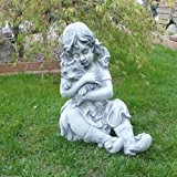 Steinfigur Mädchen mit Hund Kind Skulptur Gartenfigur Steinguss Garten Frostfrei Deko massiver Steinguss