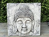 Steinguss Frostfest Wandrelief Wandbild Platte Buddha Kopf Deko Garten 38x38 cm