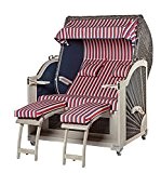 Strandkorb Ostsee-Luxus im Vintage Landhausstil 2-Sitzer Ganzlieger komplett montiert im rot-blau-weißen Streifen-Stoffdesign