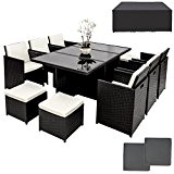 TecTake Poly Rattan Aluminium Gartengarnitur Sitzgruppe 6+1+4 schwarz, 6 Stühle, 1 Tisch, 4 Hocker inkl. 2 Bezugsets + Schutzhülle, Edelstahlschrauben