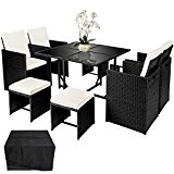 TecTake Poly Rattan Aluminium Sitzgruppe Cube | 4 Stühle 1 Tisch 4 Hocker | Schutzhülle & Edelstahlschrauben | Schwarz