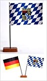 Tischflagge Bayern 90x140 mm plus Bonus-Flagge nach Wahl, mit Ständer aus Holz, Gesamthöhe ca. 20 cm Tisch Flagge Fahne