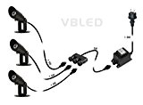 VBLED® 3W LED-Gartenstrahler, 12V, 174 Lumen, Warm-Weiß 3000K, Aluminium - schwarz eloxiert IP68 Schutz, Gartenspot / Außenstrahler mit Erdspieß (3er-Set)