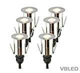 VBLED® Hochwertiges LED Boden-Einbauleuchten 6er-Set für Außen aus Edelstahl, warm-weiß, 14lumen, 25 mm, 6x Einbaustrahler inkl. Netzteil