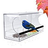Vogelfutterhaus, Fenster Vogelhaus Vogelfutterstation mit Wasserschale, 64 Drainagelöcher, 3 Saugnäpfe und Abnehmbar Tablett- Transparent