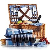 VonShef 4 Personen Weidenkorb Picknickkorb Tragekorb Set mit Besteck, Tellern, und Weingläsern, Futter aus blauem Karomuster