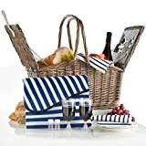 VonShef Deluxe 2 Personen Weidenkorb Picknickkorb Einklappbarer Griff mit Besteck, Tellern, Gläsern, Geschirr & Vliesdecke