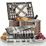 VonShef Deluxe 4 Personen Traditioneller Weidenkorb Picknickkorb mit Besteck, Tellern, Gläsern, Geschirr & Vliesdecke - Grauer Gingham