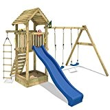 WICKEY Spielturm Captain's Tower+ Kinder-Spielhaus Holz Spielplatz Garten mit Holzdach, Doppelschaukel und blauer Rutsche