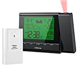 X-Sense Wetterstation Temperaturstation mit Projektionsuhr & 2 Wecker für Innen und Außen (Schwarz)